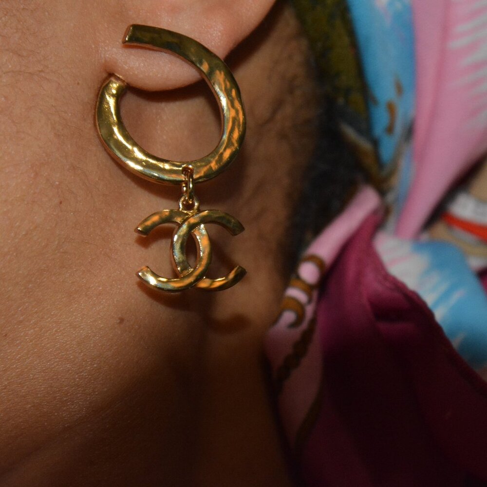 Chanel Gold Metal Cuff CC Drop Logo Earrings